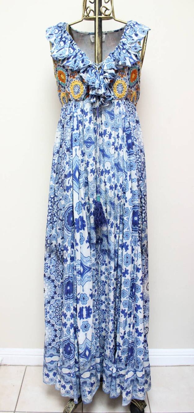 ALTERED Rococo Sand Blue Tile Silk Crepe Ruffle Tassel Maxi Dress Small